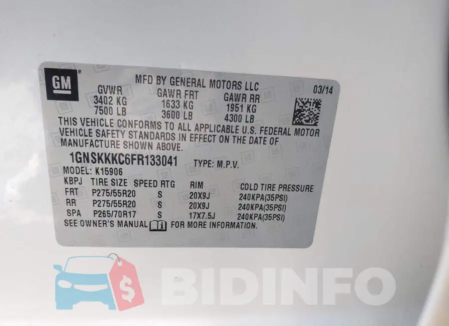 1GNSKKKC6FR133041 Photo# 9