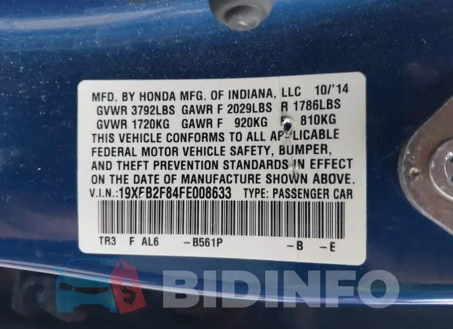 19XFB2F84FE008633 Photo# 9