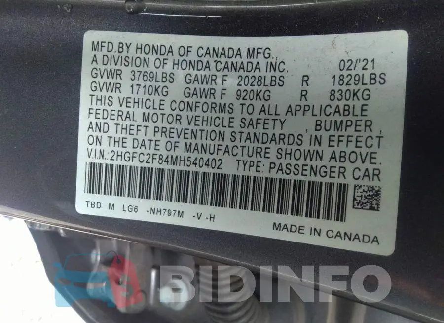 2HGFC2F84MH540402 Photo# 9