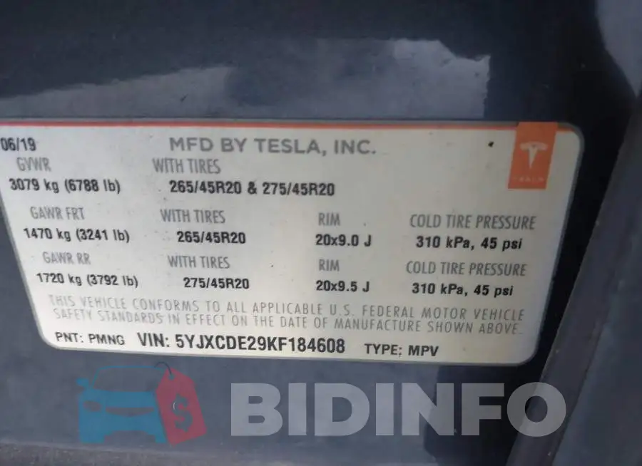 5YJXCDE29KF184608 Photo# 9