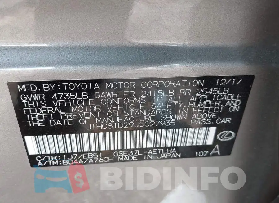 JTHC81D29J5027935 Photo# 9