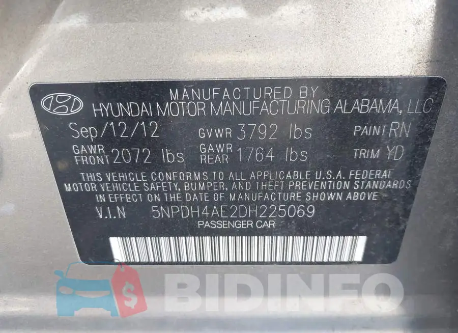 5NPDH4AE2DH225069 Photo# 9