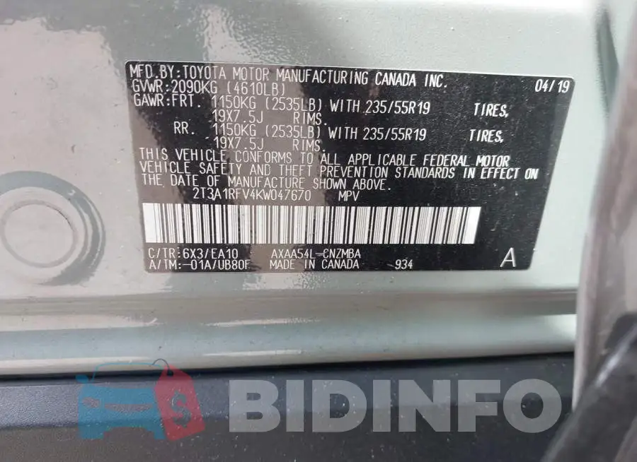 2T3A1RFV4KW047670 Photo# 9