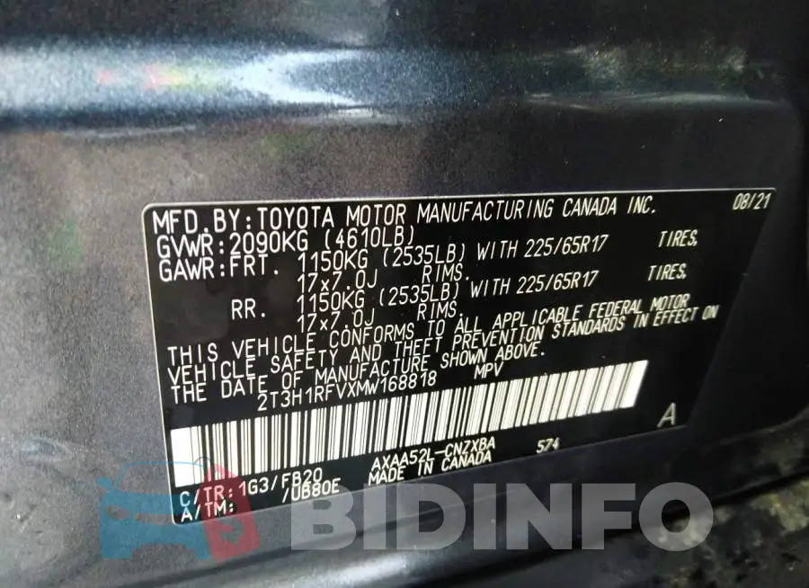 2T3H1RFVXMW168818 Photo# 9