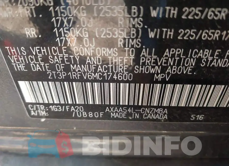 2T3P1RFV6MC174600 Photo# 9