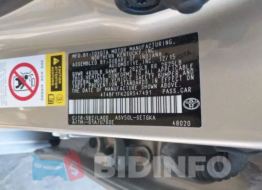 4T4BF1FK2GR547491 Photo# 9