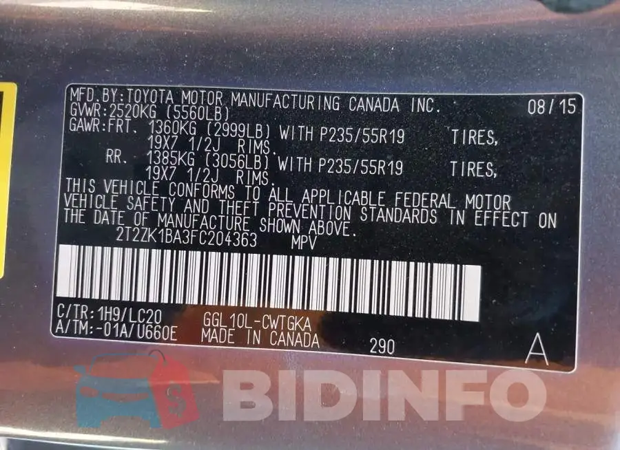 2T2ZK1BA3FC204363 Photo# 9