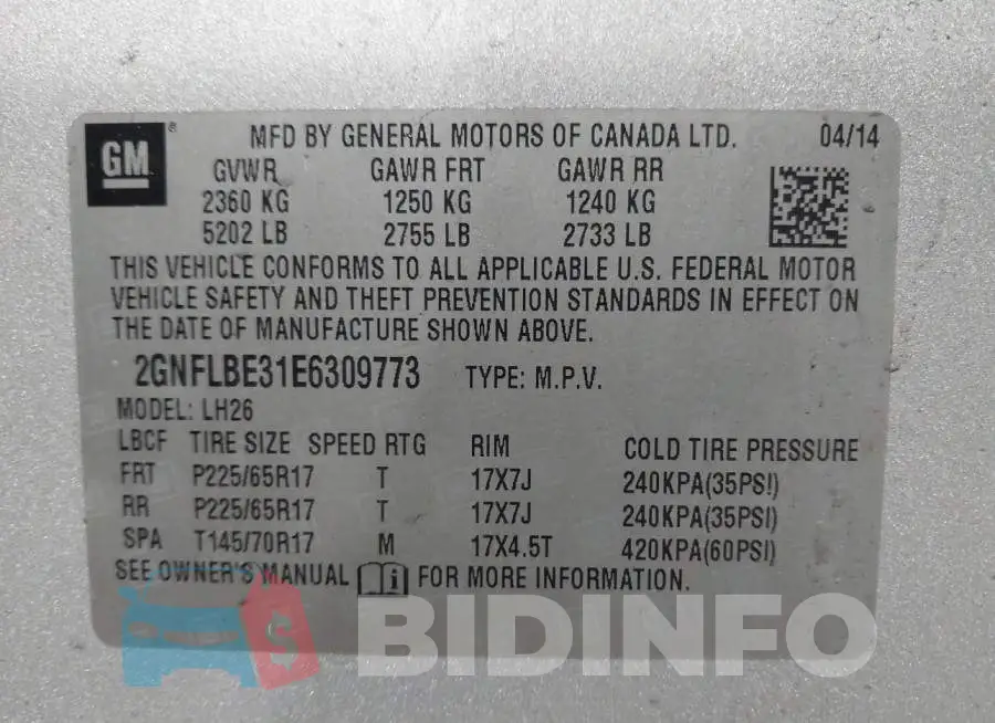 2GNFLBE31E6309773 Photo# 9