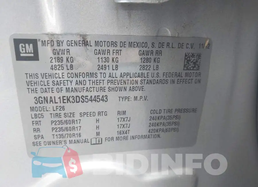 3GNAL1EK3DS544543 Photo# 9