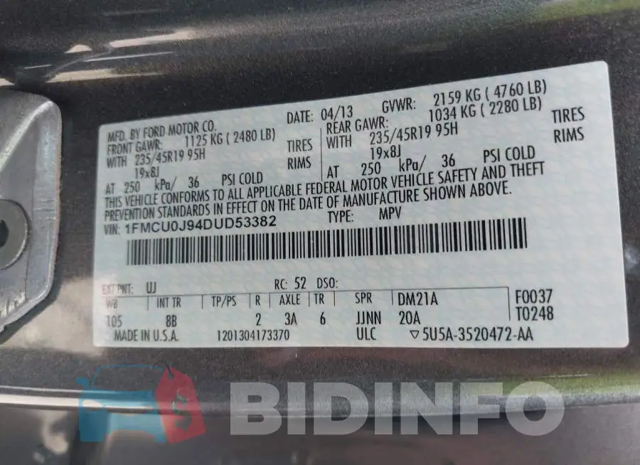 1FMCU0J94DUD53382 Photo# 9