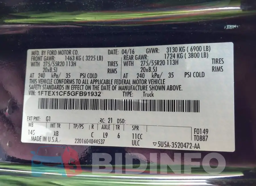 1FTEX1CF5GFB91932 Photo# 9