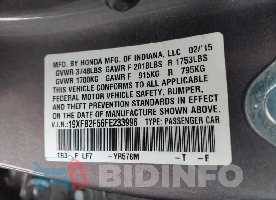 19XFB2F56FE233996 Photo# 9