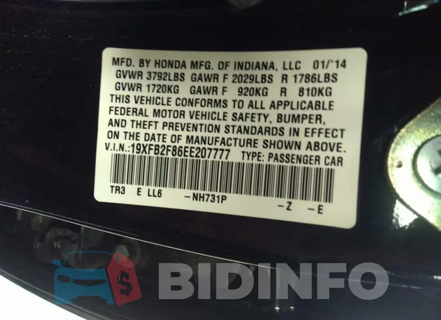 19XFB2F86EE207777 Photo# 9