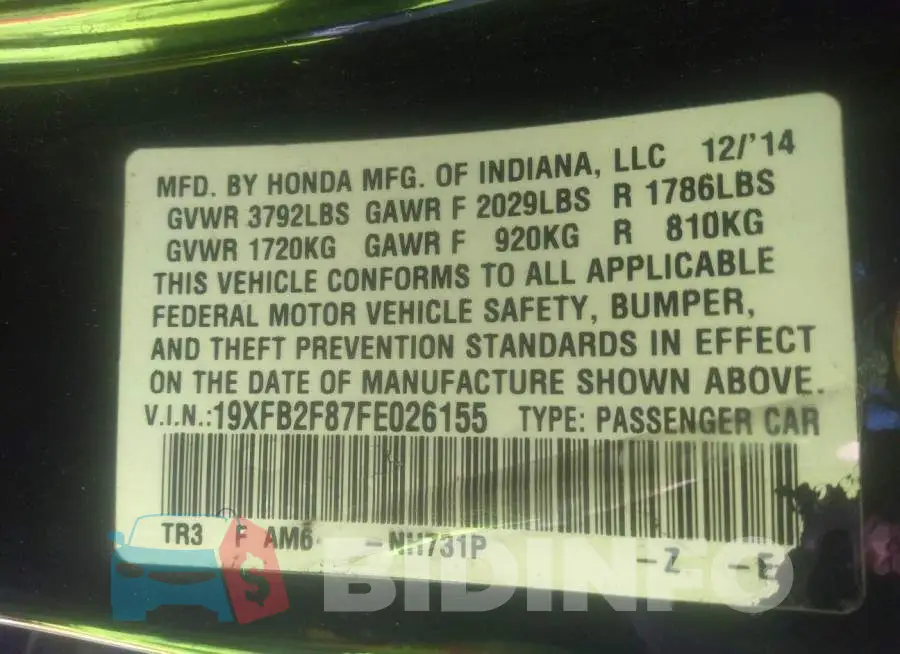 19XFB2F87FE026155 Photo# 9