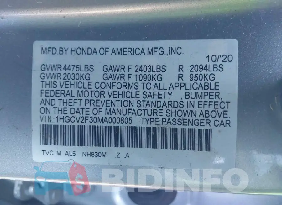 1HGCV2F30MA000805 Photo# 9