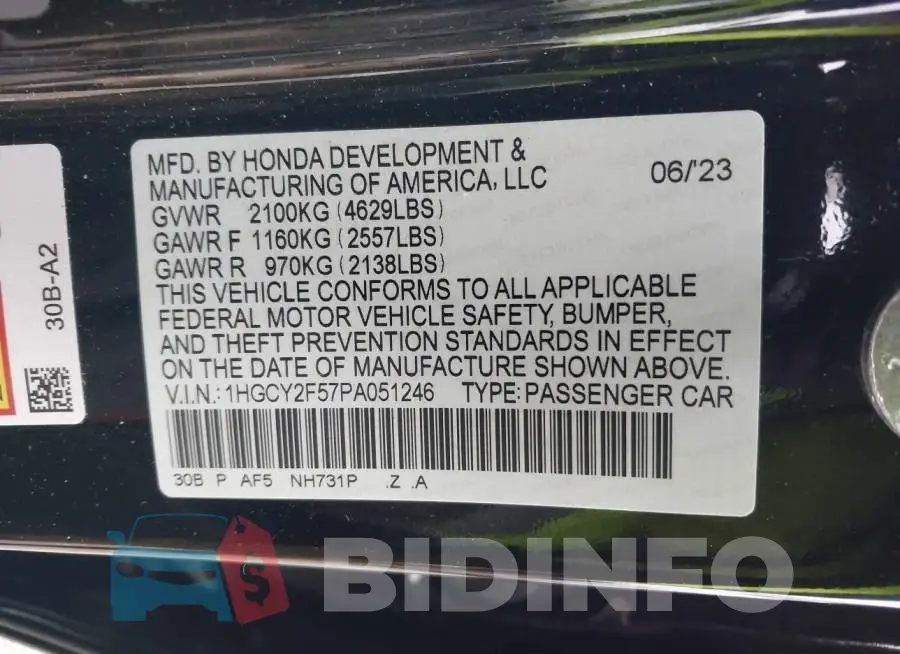 1HGCY2F57PA051246 Photo# 9