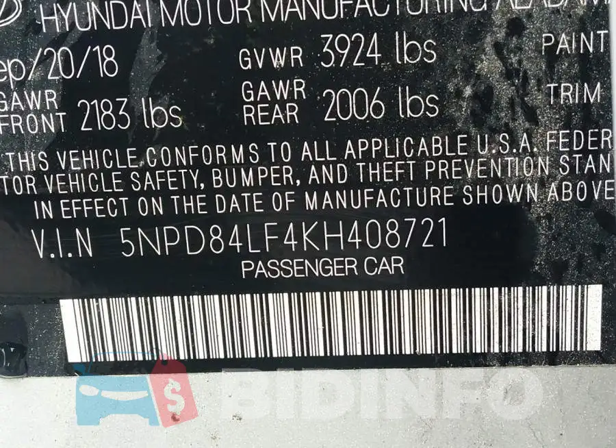 5NPD84LF4KH408721 Photo# 9