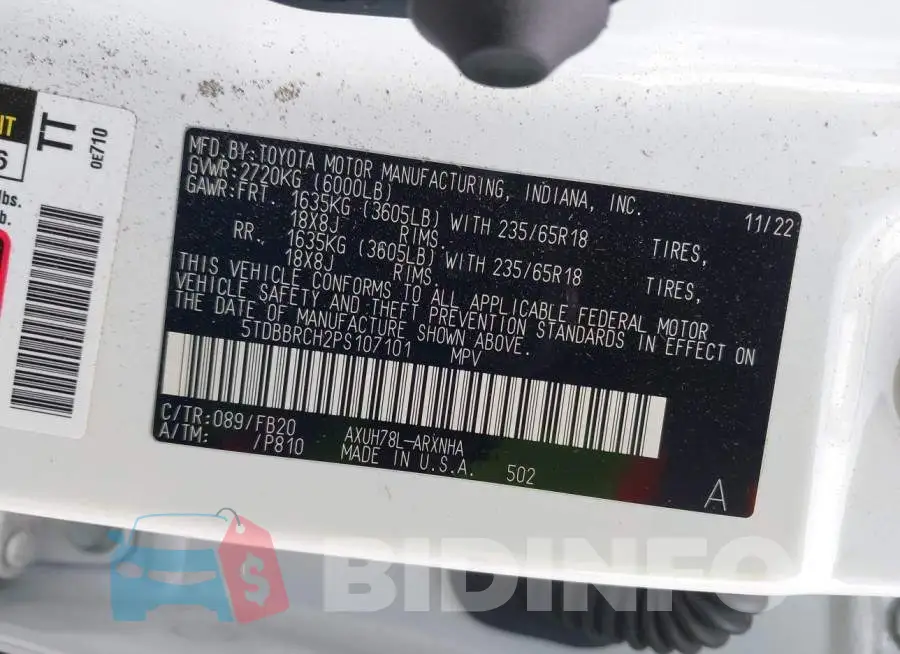 5TDBBRCH2PS107101 Photo# 9