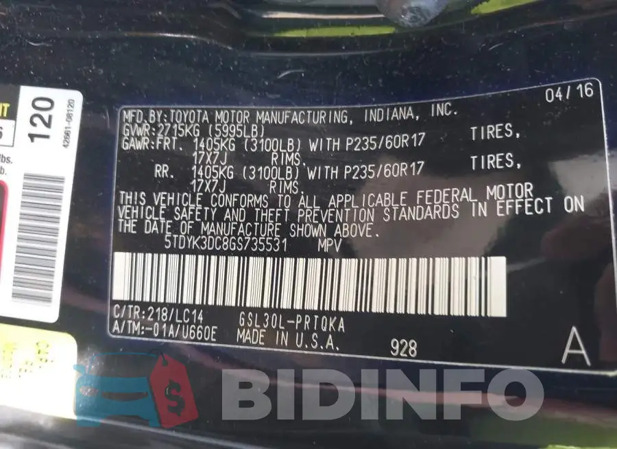 5TDYK3DC8GS735531 Photo# 9