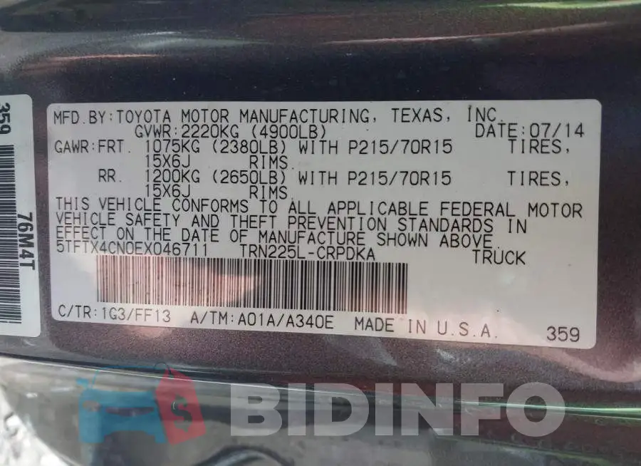 5TFTX4CN0EX046711 Photo# 9