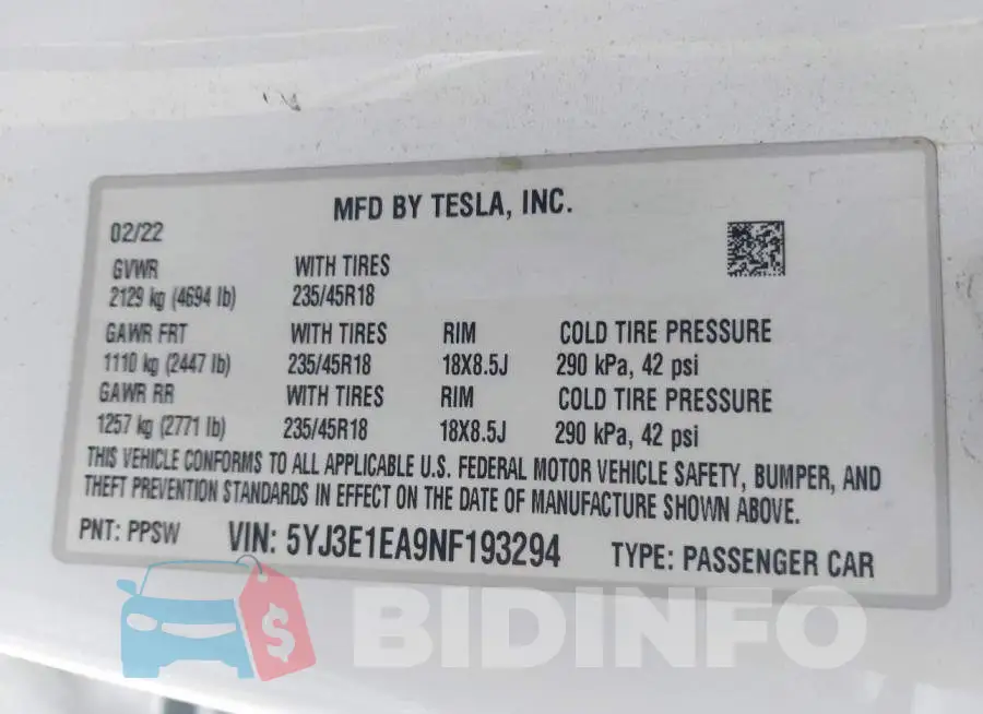 5YJ3E1EA9NF193294 Photo# 9