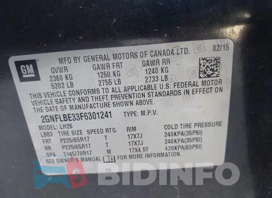 2GNFLBE33F6301241 Photo# 9