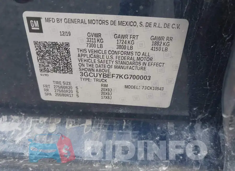 3GCUYBEF7KG700003 Photo# 9