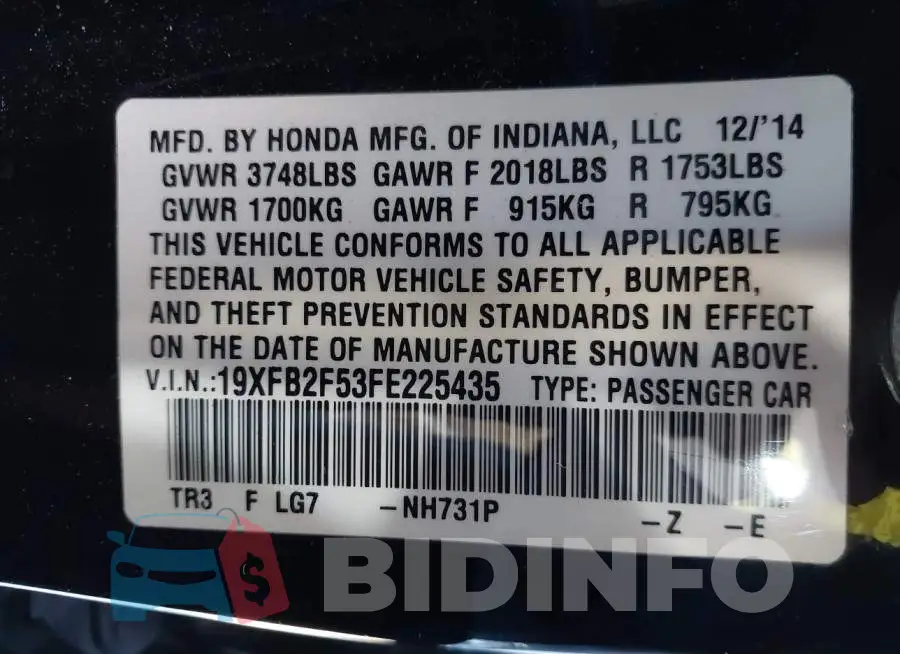 19XFB2F53FE225435 Photo# 9