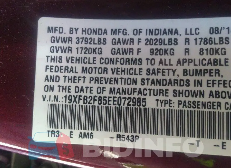 19XFB2F85EE072985 Photo# 9