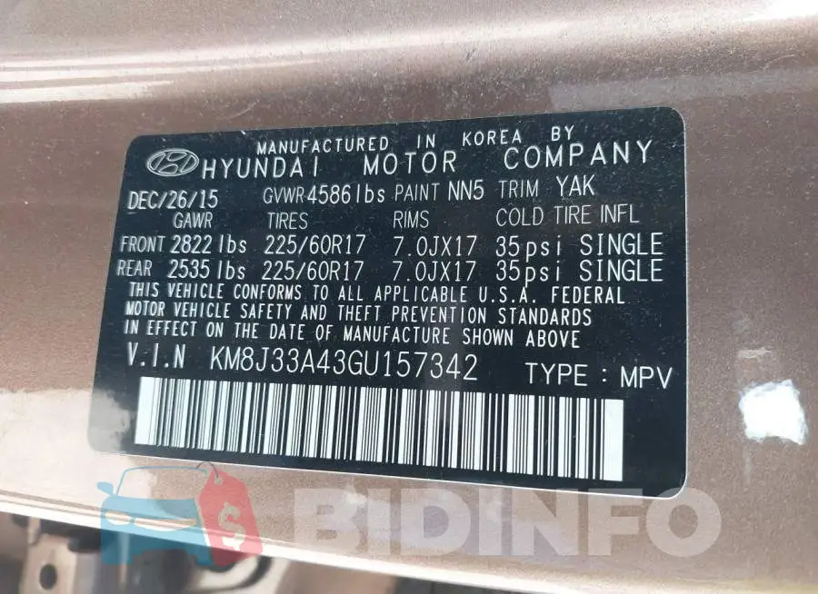 KM8J33A43GU157342 Photo# 9