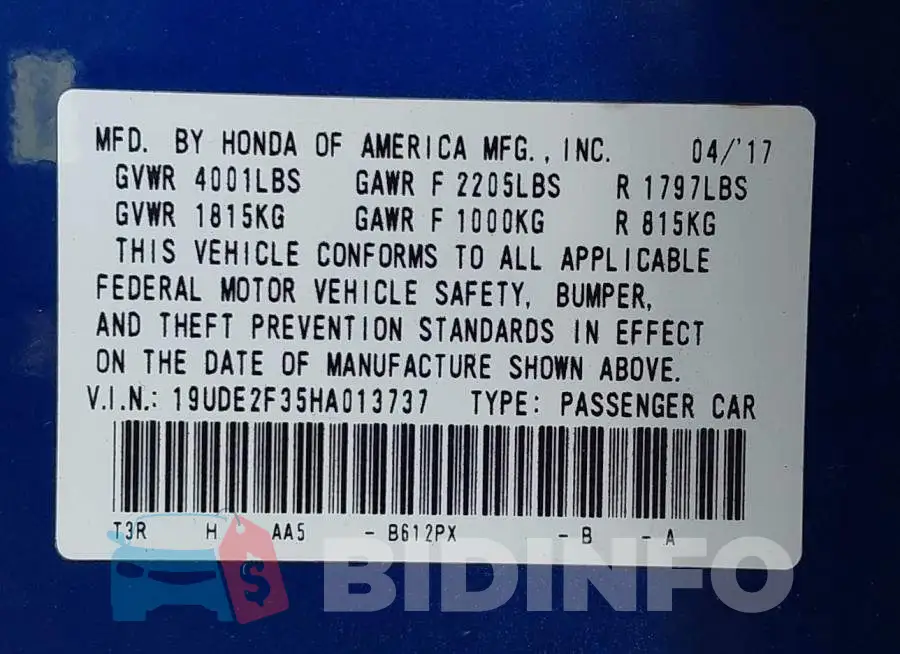 19UDE2F35HA013737 Photo# 9