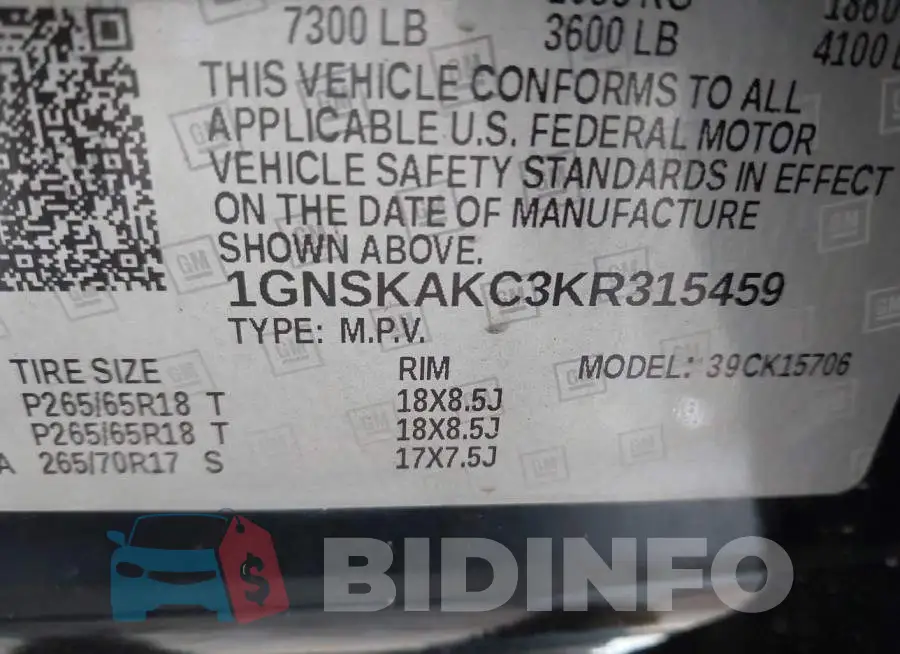 1GNSKAKC3KR315459 Photo# 9