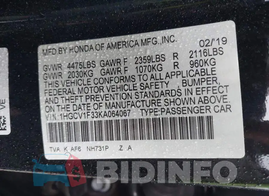 1HGCV1F33KA064067 Photo# 9