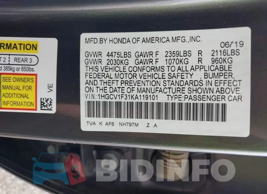 1HGCV1F31KA119101 Photo# 9