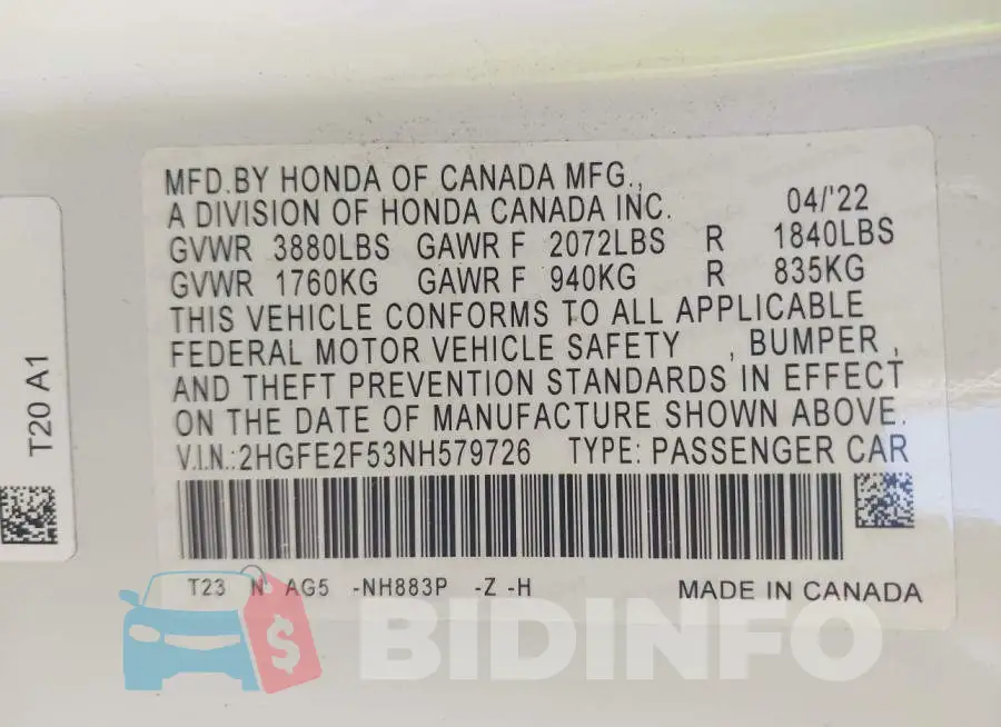 2HGFE2F53NH579726 Photo# 9