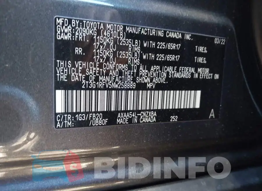 2T3G1RFV5NW258889 Photo# 9