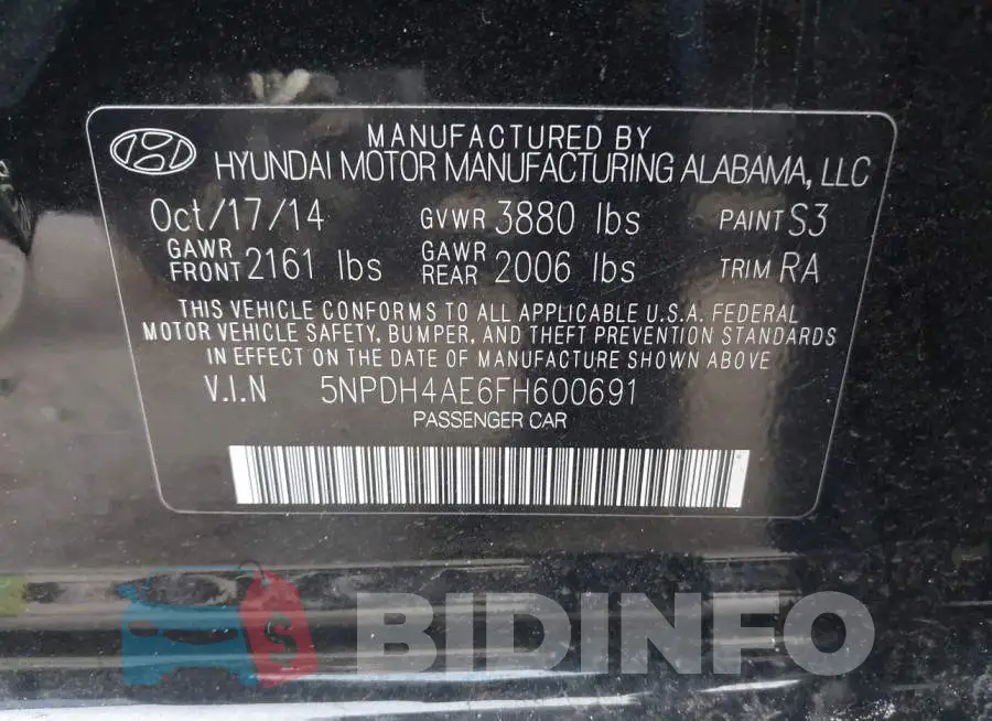 5NPDH4AE6FH600691 Photo# 9