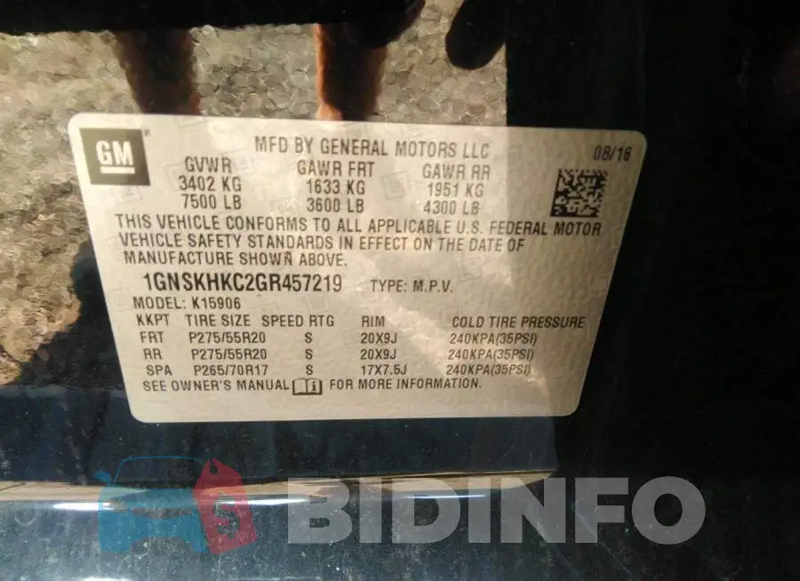 1GNSKHKC2GR457219 Photo# 9