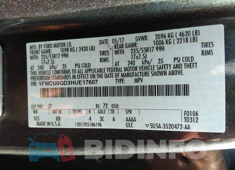 1FMCU0GD3HUE17607 Photo# 9
