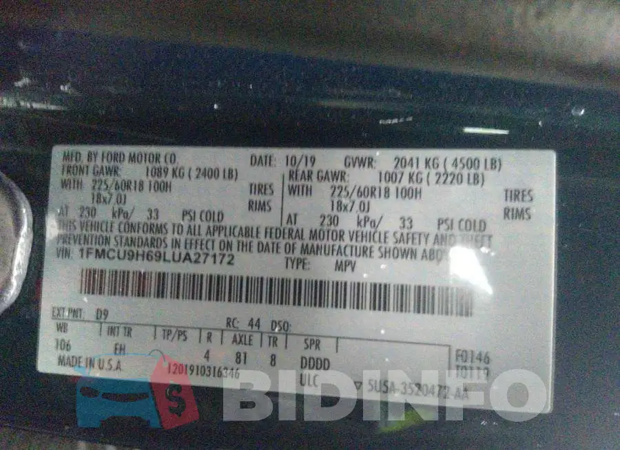 1FMCU9H69LUA27172 Photo# 9