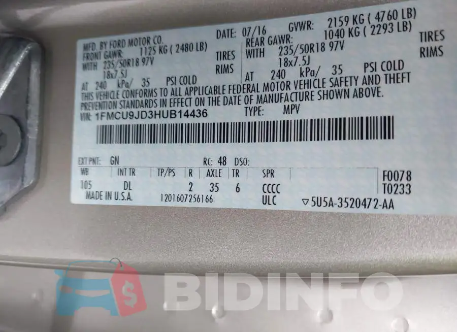 1FMCU9JD3HUB14436 Photo# 9