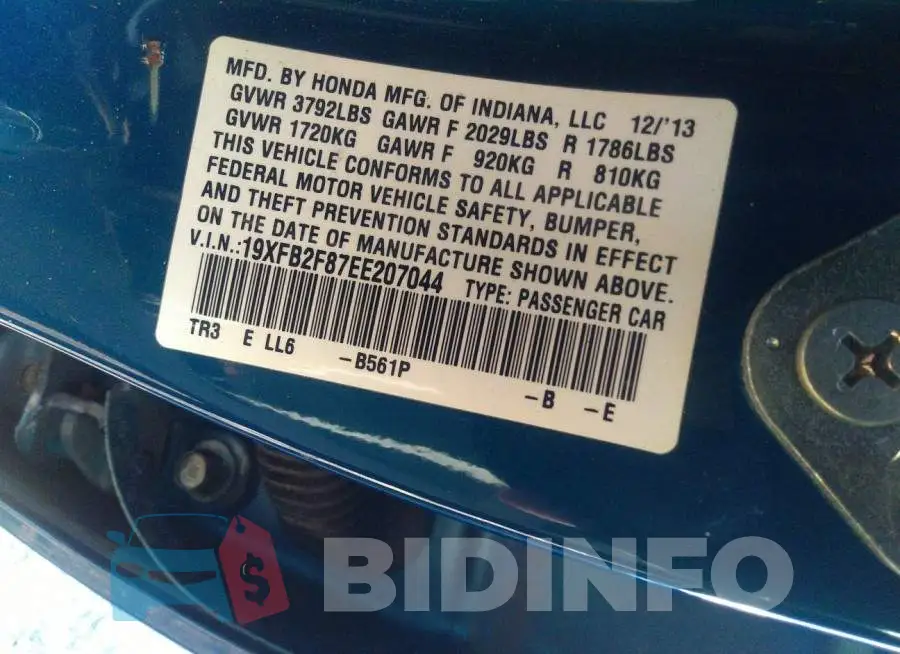19XFB2F87EE207044 Photo# 9