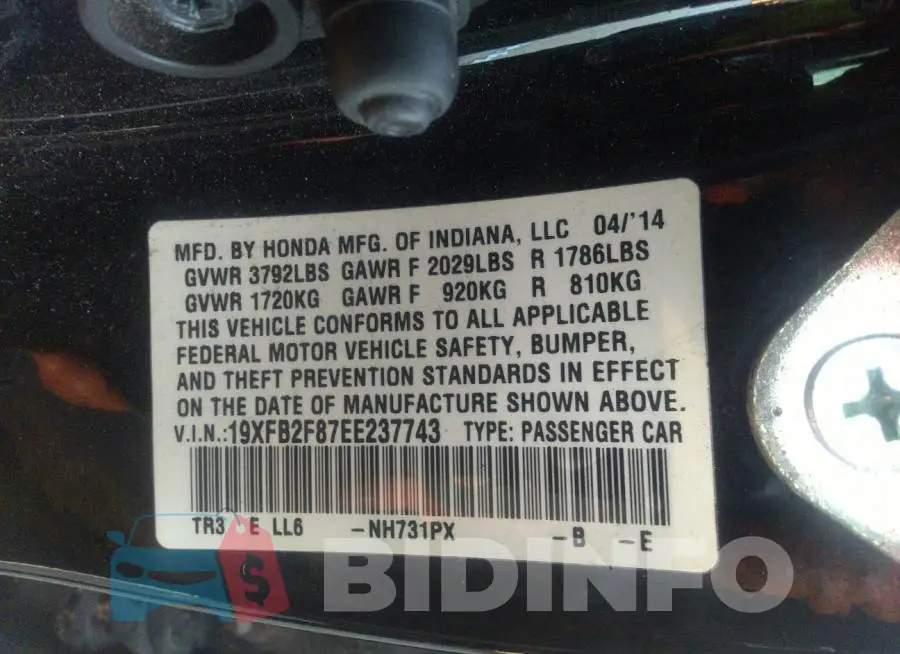 19XFB2F87EE237743 Photo# 9