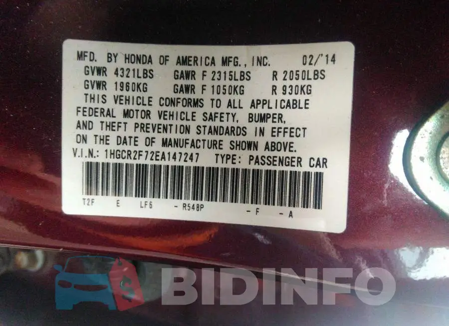 1HGCR2F72EA147247 Photo# 9