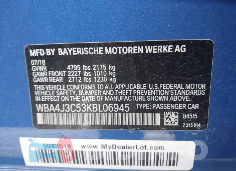WBA4J3C53KBL06945 Photo# 9