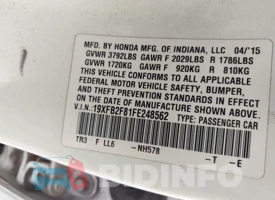19XFB2F81FE248562 Photo# 9