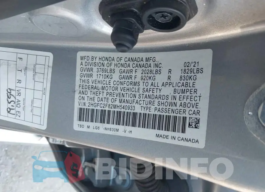 2HGFC2F82MH540933 Photo# 9