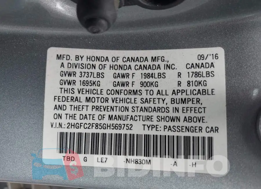 2HGFC2F85GH569752 Photo# 9