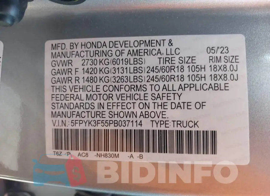 5FPYK3F55PB037114 Photo# 9