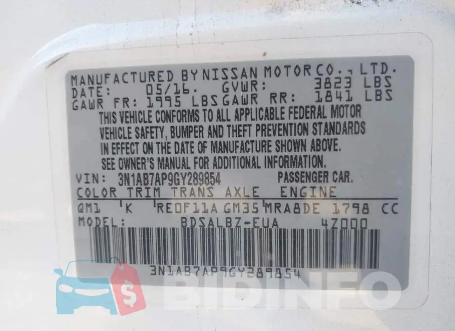 3N1AB7AP9GY289854 Photo# 9